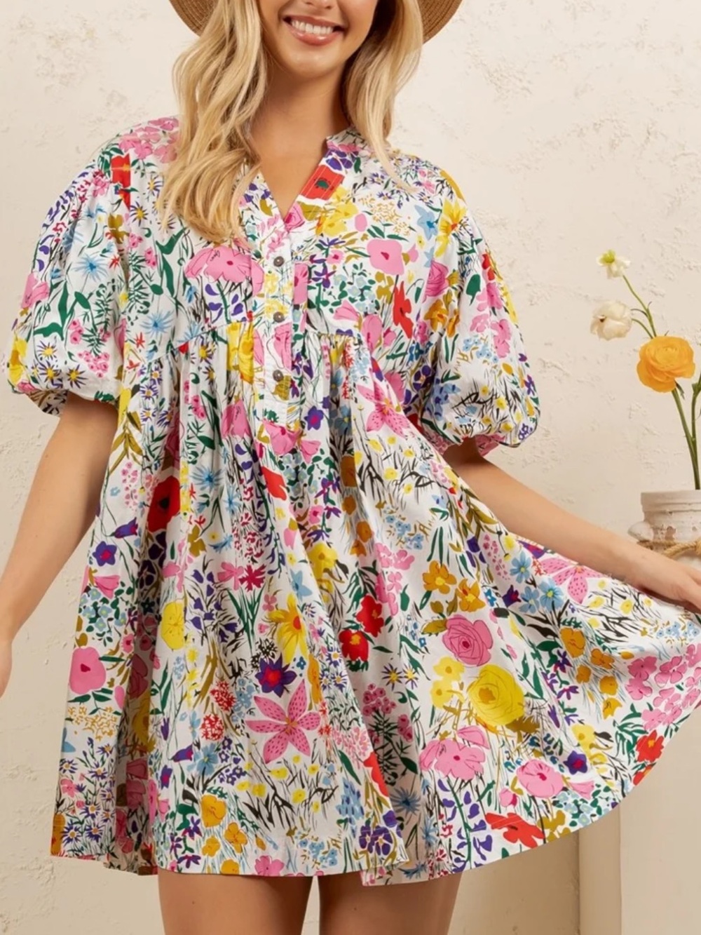 Hudson Gray Floral Puff-Sleeve Mini Dress in Multi-Color